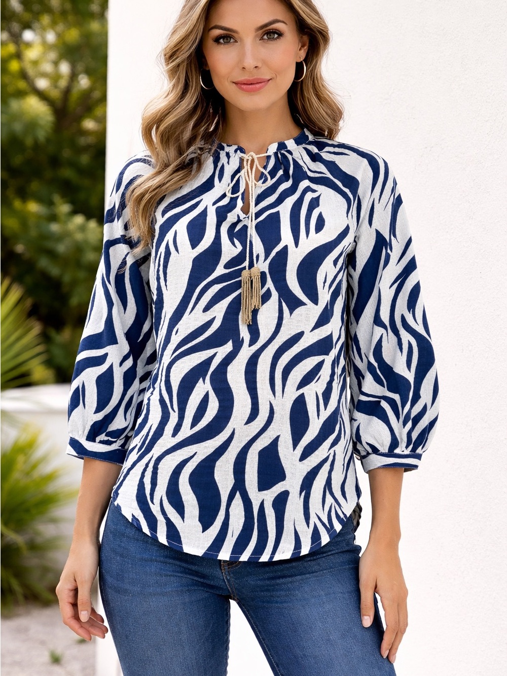 Navy & White Printed Tie-Neck Blouse with Tassel